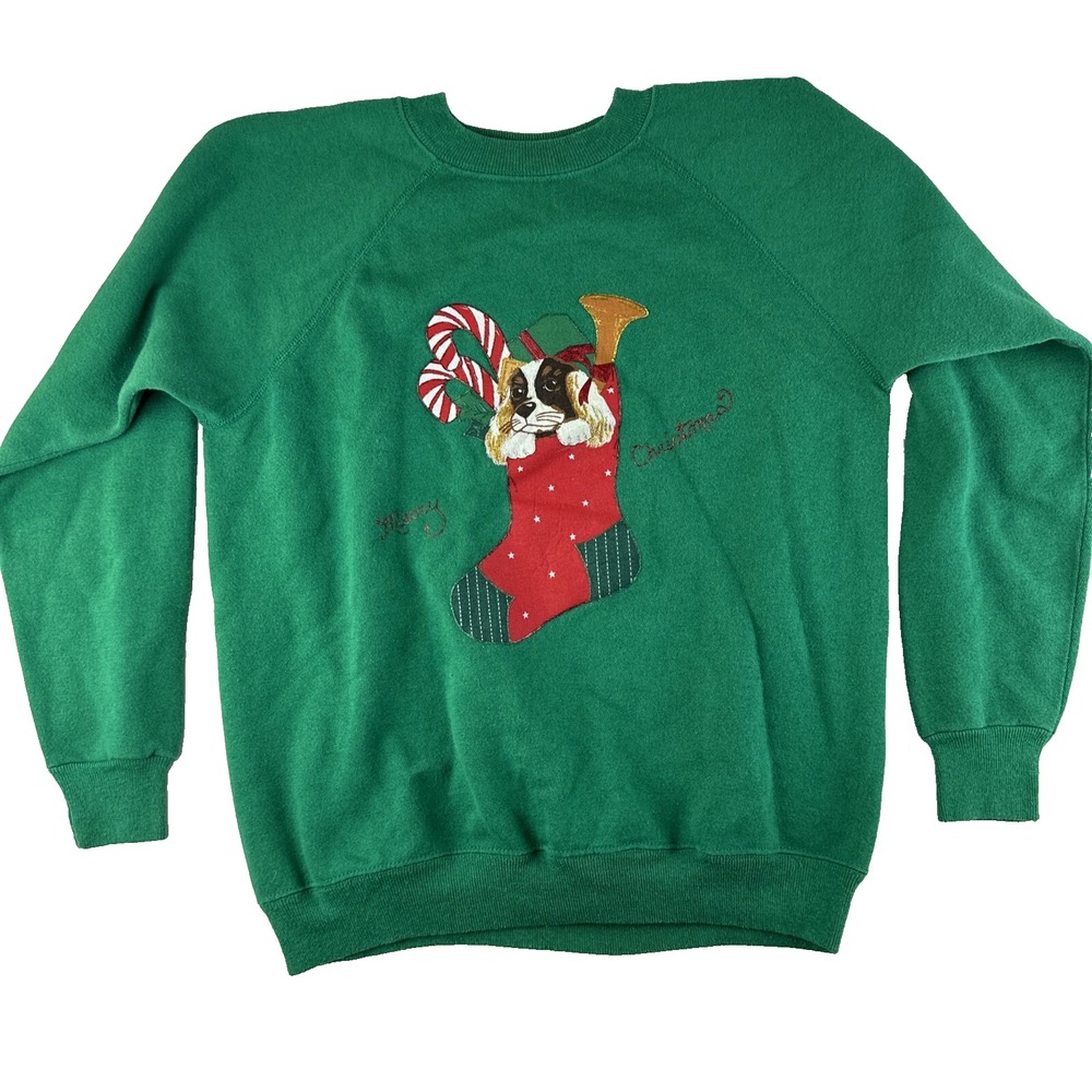 VTG Christmas Sweatshirt Large Hanes USA Green Dog Stocking Ugly Sweater 80s 90s